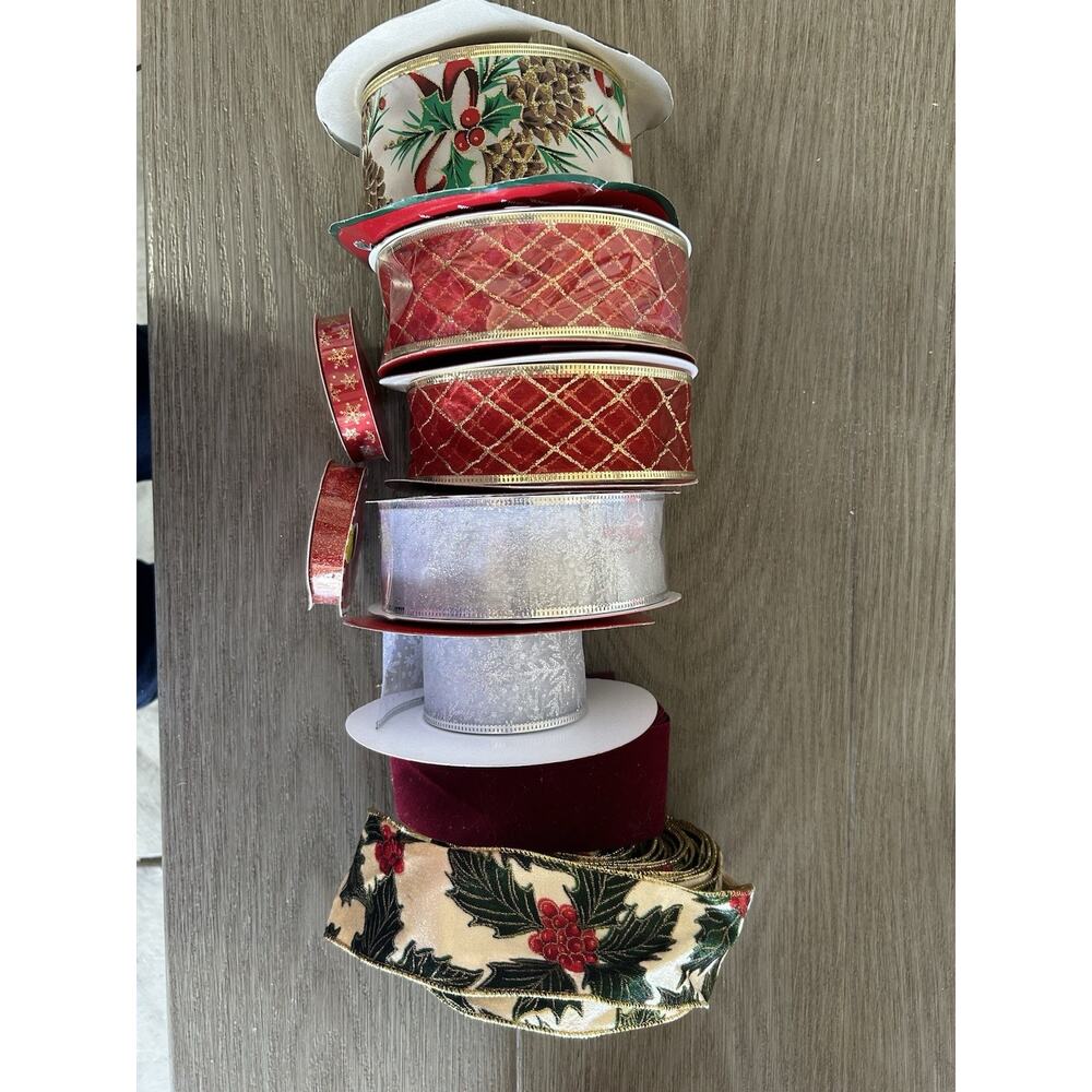 Christmas Wire-Edged Ribbon Lot Set of 9 Decorations